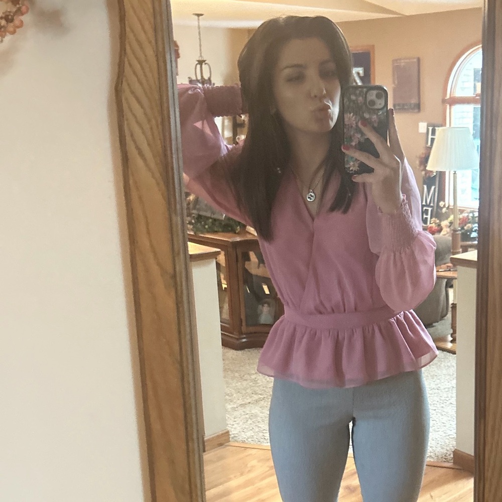 Mauve Peplum Long-Sleeve Blouse